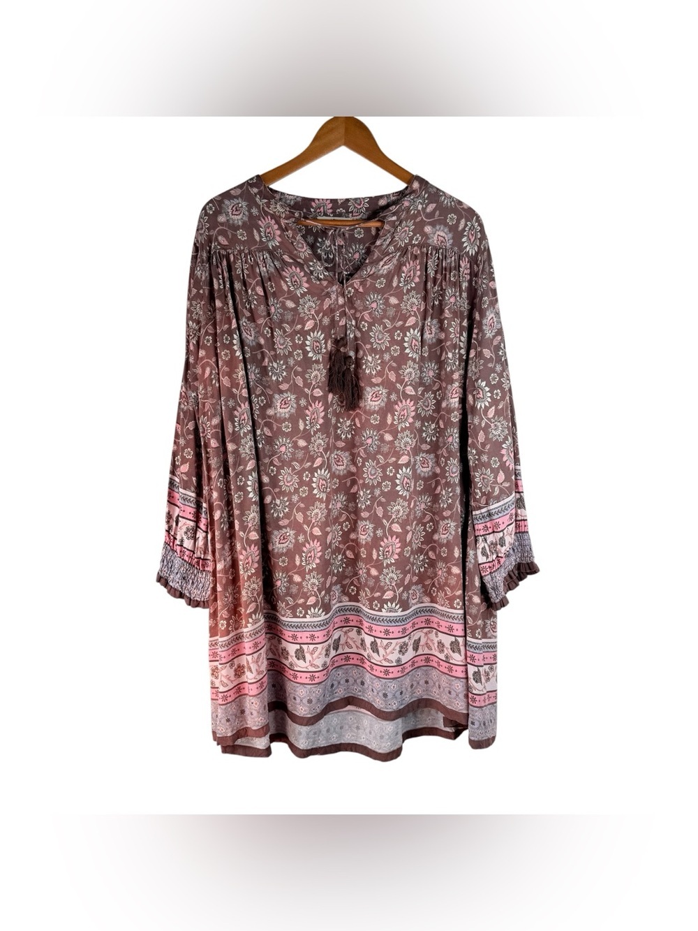 Natural Life Women’s boho border print mini dress mauve floral Size L Flawed